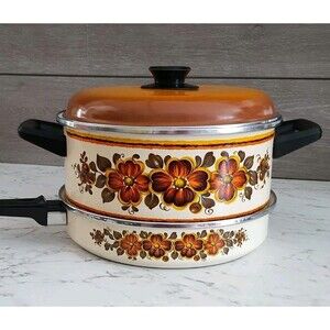 Vintage Floral Enamel Cookware Set 3 Piece Stock Pot Fry Pan Lid Mid Century